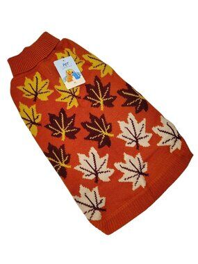 Dog L/XL Orange Acrylic Knit Warm Autumn Leaf Pattern Pet Sweater